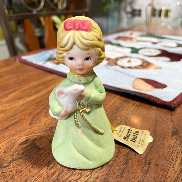 Jasco 1978 Merri Bells Porcelain Christmas Girl Rabbit Figurine 4" BELL w/Tag - Picture 1 of 5